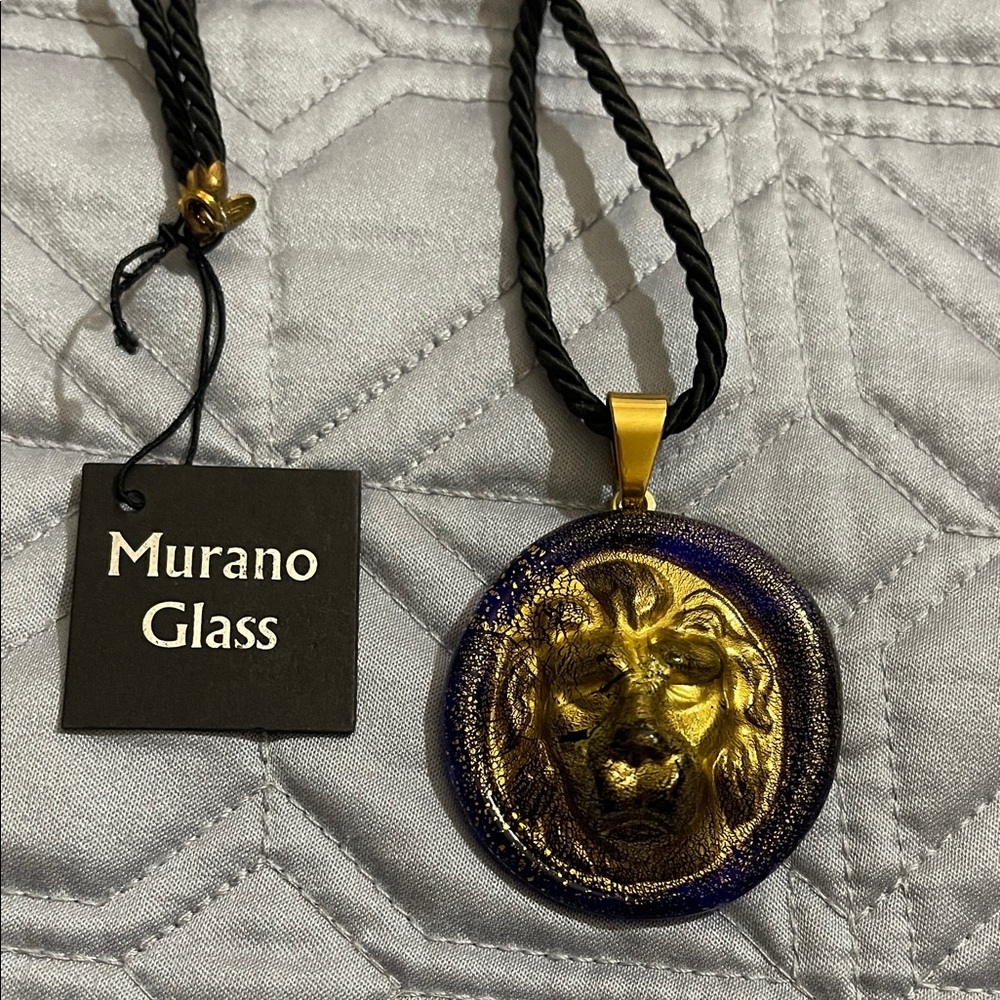 NWT, Murano Glass Gold Lion Pendant, Sterling Silver, Black Necklace,Chunky Lion